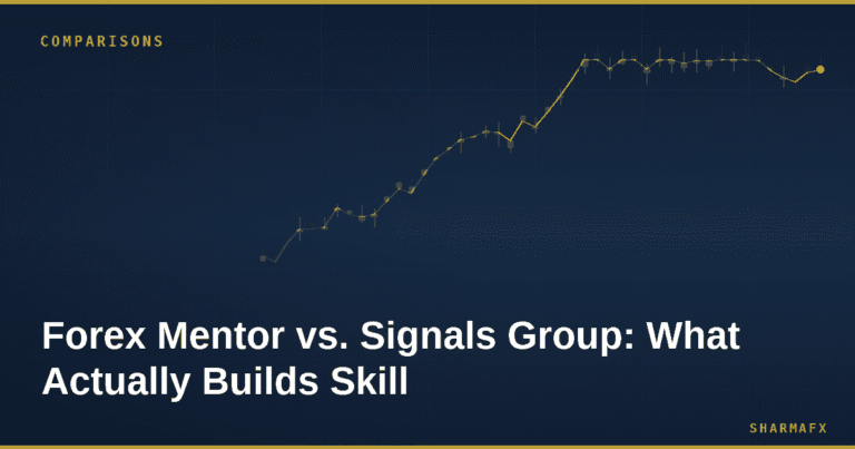 Navy and gold trading chart graphic for SharmaFX: Forex Mentor vs. Signals Group, what actually builds trading skill