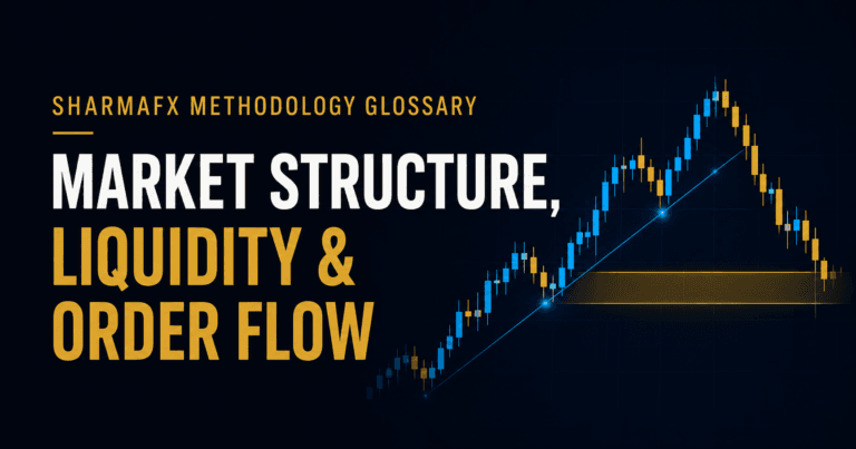 SharmaFX Methodology Glossary cover graphic illustrating market structure and liquidity, with a rising candlestick chart, a blue structure trendline, and a gold order block zone.